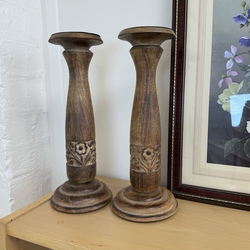 Large pair wooden candlesticks - large,