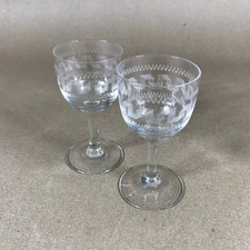 Pair of Vintage Etched Art Deco Glass Liqueur Glasses with Greek Key Design