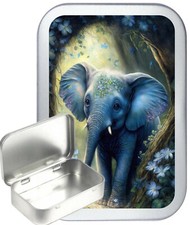 Blue Elephant Silver Hinged Tobacco Tin, Sewing Tin, Gift Tin, 1oz & 2oz