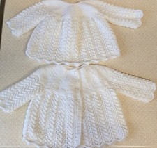 Hand Knit Brand New Matinee Jacket And Dress Set In White. Newborn.