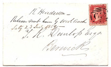 1859 QV 1d Red Star Belford Horizontal Numeral 62 Berwick Rear Postal History