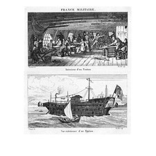 FRANCE MILITARY Interior and Exterior of a Pontoon Boat - Antique Print 1837