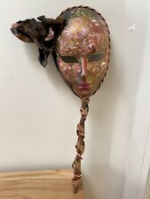 Original Venezia Hand Painted Venetian Full Mask on Stick Pink Glitter Floral