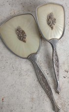 Vtg Dressing Table Mirror & Brush Cream Silver Tone Floral Sparkly Retro Vanity