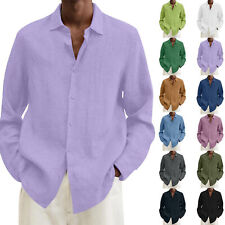Mens Long Sleeve Cotton Linen Dress Shirt Casual Solid Button-up Baggy Tops UK
