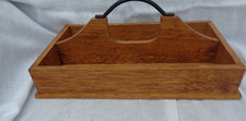 Vintage rustic wooden portabl  cutlery caddy or utensil holder with metal handle