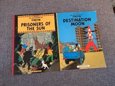 2x Tintin books Herge Egmont Prisoner Of The Sun Mammoth Destination Moon pbs