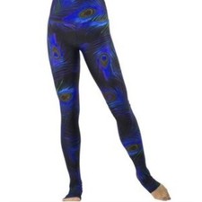 EMILY HSU Black Blue Leggings Peacock Feather High Waisted Pull-On Size Small S