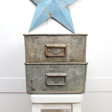 Vintage Engineers Factory Storage Bins. Stackable Metal Tote Tins. Set of 2.