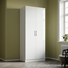 2 Doors Wardrobe White High Gloss Bedroom Furniture Storage With Hanging Rail