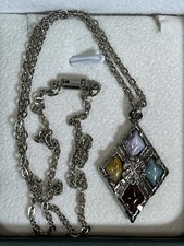 Faux Agate Pewter Tone Miracle Look Pendant Necklace Vintage Multi Coloured 1302