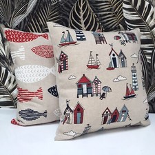 Pair of Beach Hut Fish Cushion Covers Nautical Beach Linen Look Fabric 14"