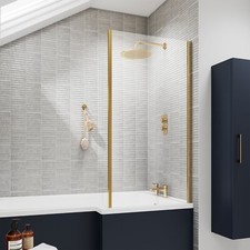 Bath Shower Fixed Screen L Shape 800mm Brushed Brass Square Glass Return Panel