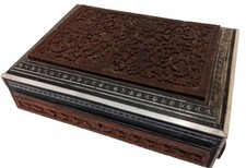 Antique Anglo Indian Sadeli MOP Micro Mosaic Carved Sandalwood Box Gift Handmade