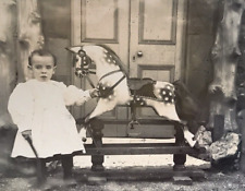 Early Mounted Photo Card Child Old Rocking Horse Toy House 1900s-1920s