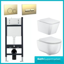 Wall Hung Toilet & Frame Set with Concealed Cistern + Brushed Brass Flush Plate