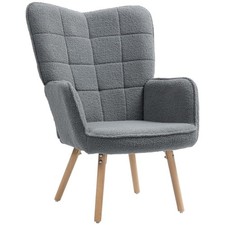 Grey Wingback Accent Armchair Teddy Fleece Upholstered High Back Wood Legs Chair