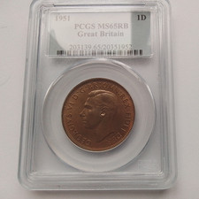 Key Date 1951 George VI  Penny coin GRADED PCGS 65 RB