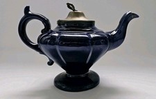 Antique cobalt teapot, pewter snake-finial lid, pedestal base – 11"
