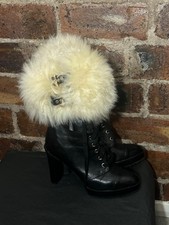 DIESEL BLACK LEATHER HIGH HEEL BOOTS/DET FUR TRIM SIZE 5