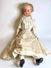 Charming Antique 28” Turned Shoulder Head Wax Doll Straw Filled - Wooden Limbs