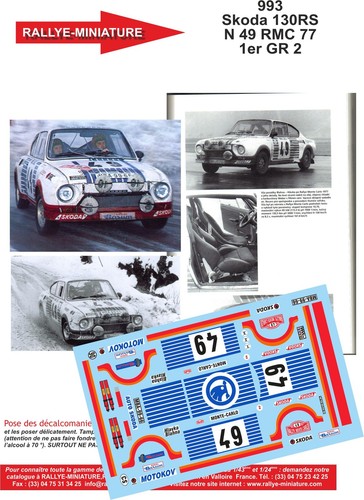 Decals ref 0993 skoda 130 - 1/43,