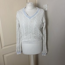 H&M Age 12-14 Years White & Blue Cropped Cricket Jumper Preppy Fancy Ribbed