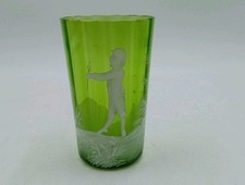 Antique  Mary Gregory  Green Drinking Glass Victorian Tumbler  Boy Flowers 1890