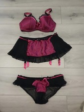 BN Ann Summers Black Satin Stripe Bra Suspender Belt & Panties Set Sz 34D 12 12