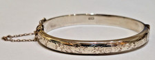 Sterling Hollow Silver Hinged Bangle Engraved Decoration, plain back Hallmarked