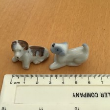 Pair (2) Old Vintage Tiny Miniature Ceramic Porcelain Terrier Dogs. 3cm