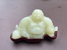 Chinese Hand Carved Pale Green Jade Buddha figure With Wooden Stand