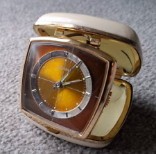 VINTAGE CORAL WIND UP  CLOCKWORK FOLDING TRAVEL ALARM CLOCK WORKING