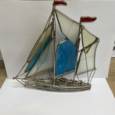 Vintage Stain Glass And Metal Sailing Boat 9 In High X 8 In Long