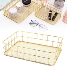 Iron Storage Basket Wire Mesh Basketry Bathroom Kitchen Tray Desk Tidy Golden UK