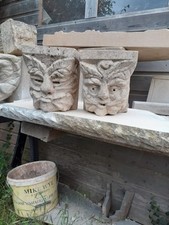 Old Pair Stone Green Men Stone Corbels, Stone Grotesques, Green Men Stone Blocks
