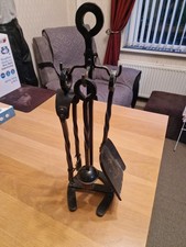 Vintage 3 Piece + Stand Wrought Iron Fireside Companion Set In Black 20" Tall.