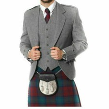 Men's Light Grey Wool Argyle Kilt Jacket And 5 Button Vest Wedding Kilts Jacket