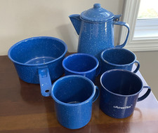 Blue Enamel Coffee Pot With 4