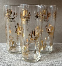 3 X Highball Glasses Vintage Gold Longboat / Ships  Pattern  14 x 5.5cm Tumblers
