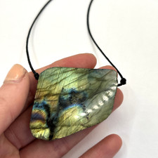 Labradorite Pendant Rough Natural Green Large Necklace (Will need re-stringing)
