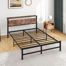 Fujian Bed Frame King Size Metal & Wood Rustic Brown Headboard Shelf Boxed