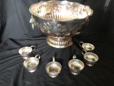 Antique Silver Coated Copper Punch Bowl and 6 Goblets