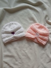 New 2 New born baby girl hand knitted hats 1 White 1 Peach Turban Style + decor