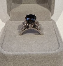 Vintage Dress Ring - Dark Sapphire & Diamond in low Carat Silver Coloured Band