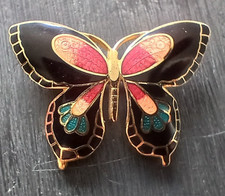 Lovely Vintage Cloisonne Enamel Butterfly Brooch, Black, Pink & Green