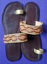 Lands' End Womens Gold Brown Beaded Leather Slip On Toe Ring Sandals