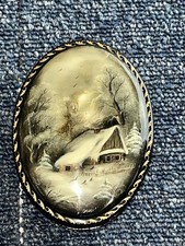 Vintage Fedoskino Russian Black Lacquer Trinket Box 9x7x3.5cms Snow Scene Oval