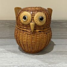 Owl - Wicker Rattan Basket - Storage Box With Lid - Glass Eyes - Height 12 cms