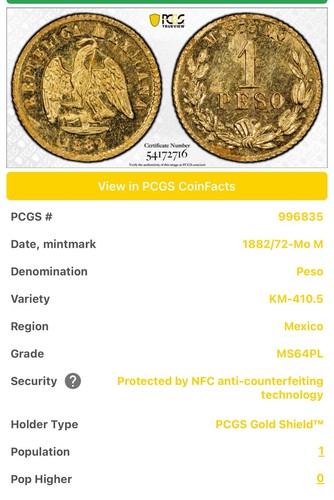 1882 mexico peso - mexico, gold